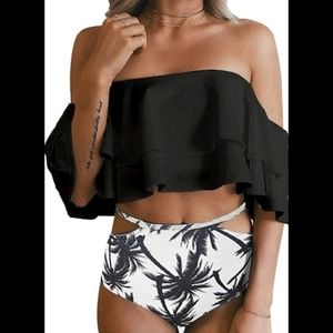 Black and floral ruffle Tankini bikini